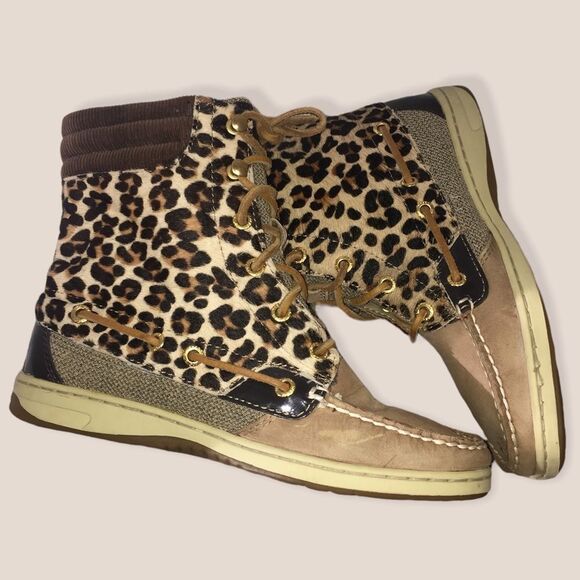Sperry Hikerfish Brown Leather Leopard Lace Up Ankle Boot Sz 6 9173626 Cheetah - Picture 1 of 11